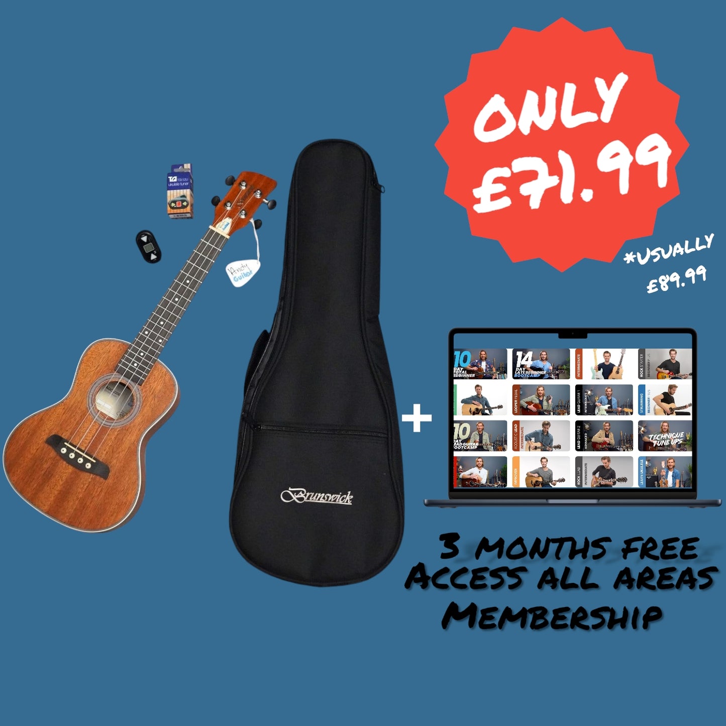 Andy's Signature Ukulele, Tuner & Bag BUNDLE + 3 months FREE Access All Areas website membership